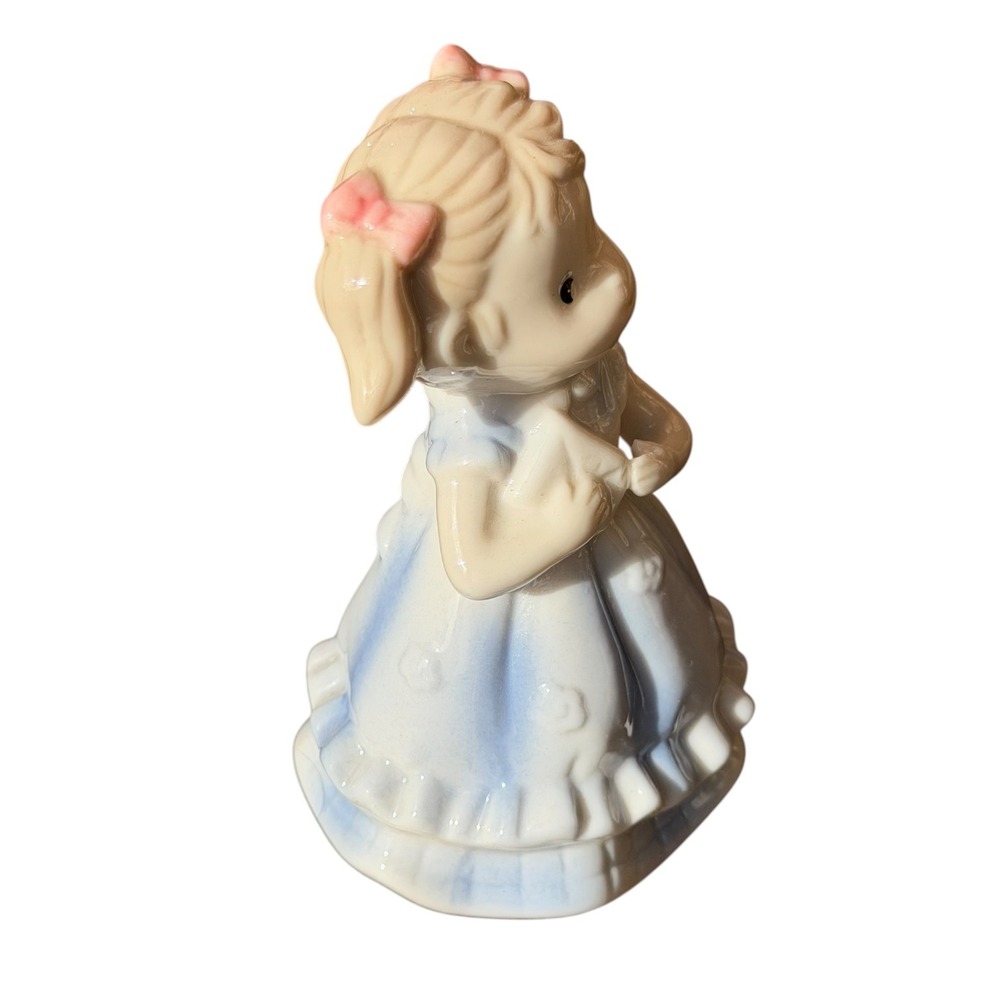Vintage Ceramic Girl Bell Figurine Blue Ruffled Dress Pink Bows Pigtails 4 Inch - Picture 3 of 9